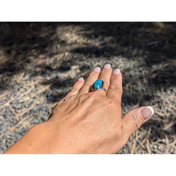 Navajo Ring Inlay Kingman Turquoise Tri-Cut Border Sterling‎ Sz 9.5**